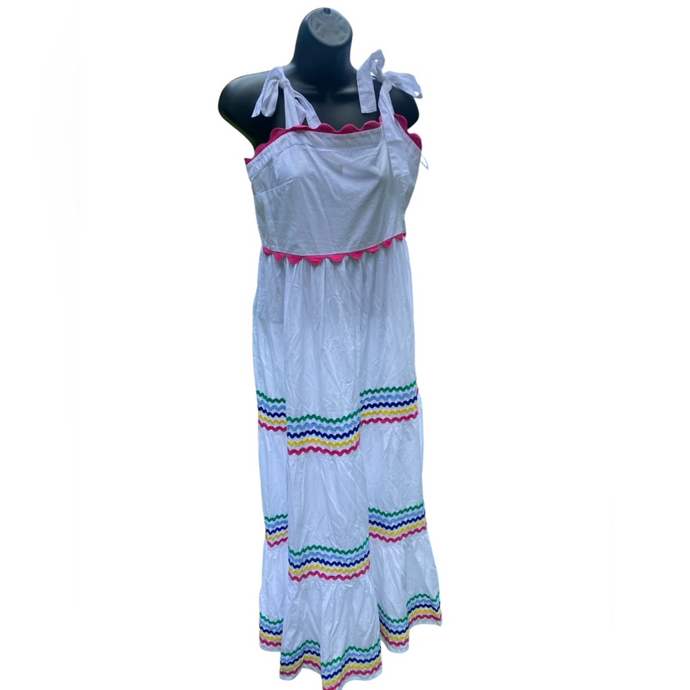 Crown & Ivy , Tiered, Ruffled, And Smocked RainbowWhte Dress 🌈 Cottagecore Large - Picture 3 of 10